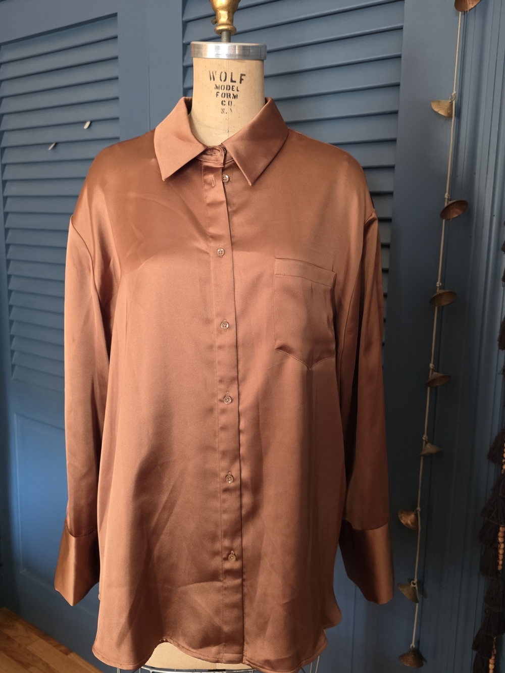 Alice + Olivia Copper Satin Button-Down Blouse
